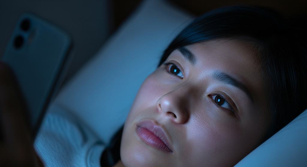 深夜にスマホを見つめる若者