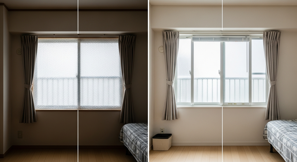 プチプチ貼りの薄暗い部屋と、DIY内窓の明るい部屋の比較