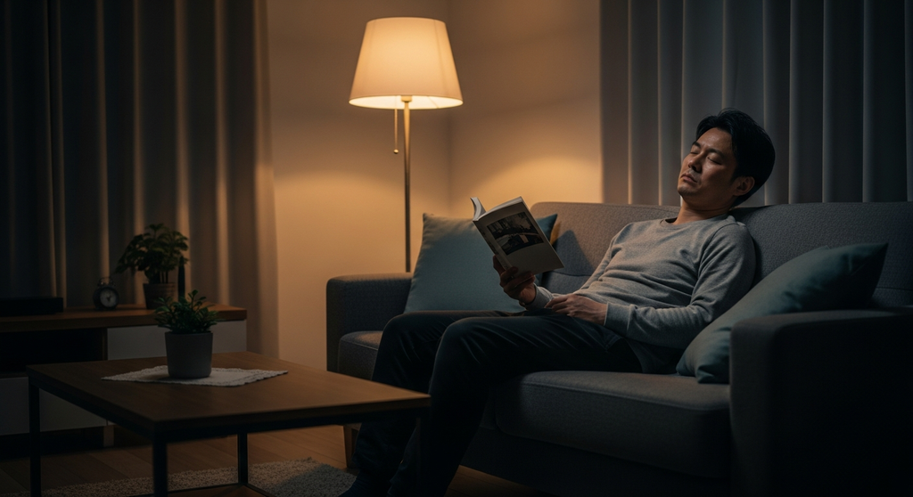 リビングのソファで寝落ちしかけている疲れた様子