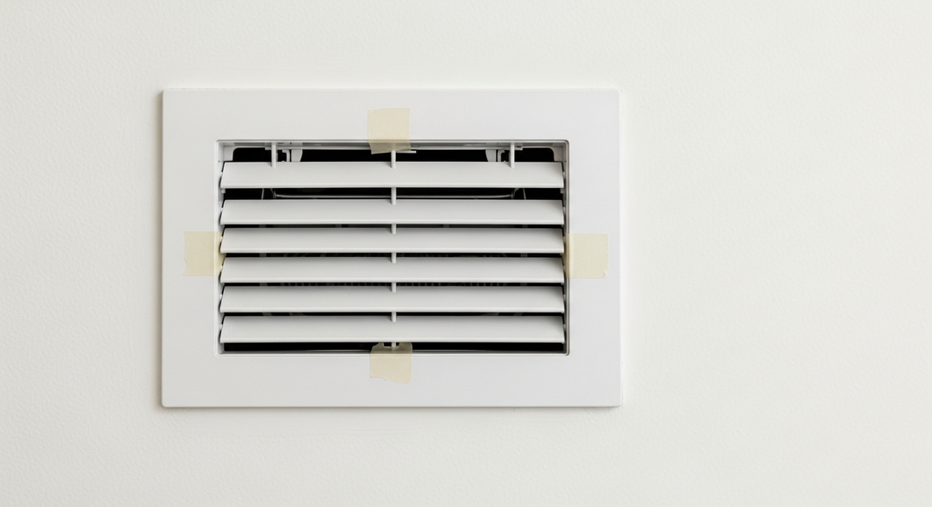 マンションの給気口（ガラリ）が閉じられ、目張りされている様子