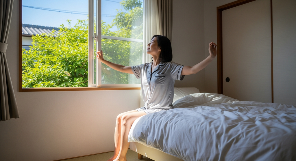 夏のリネンパジャマで涼む女性